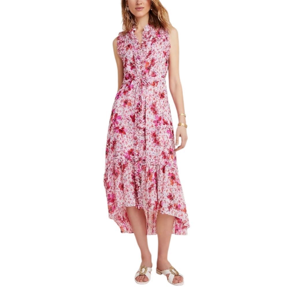 Misa Los Angeles Anthropologie Pink Floral Giselle Ruffled High Low Dress, L